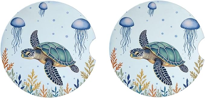 ABLESKY Car Coasters for Cup Holders, 2 Pack Absorbent Anti Slip Car Cup Holder Coasters, 2.56 Inch Ceramic Universal Size Auto Interior Accessories Women Men-Sea Turtles