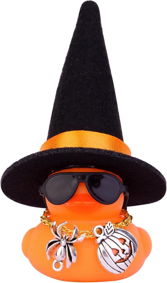 Car Rubber Duck Ornaments Halloween Duck Car Dashboard Decorations with Mini Witch Hat Sunglasses Necklace Halloween Accessories for Halloween Themed Gifts(W14)