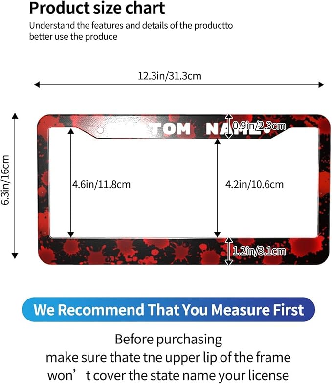 Custom License Plate Frame Blood - 2 Pack Personalized Add Text Black Custom License Plate Frame with Standard Us Canada Vehicles 12.3 X 6.3in