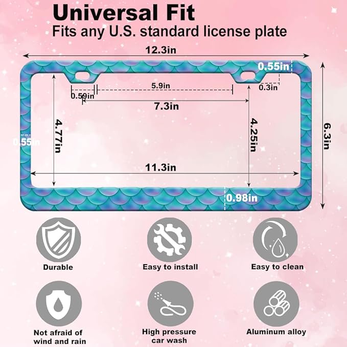 2pcs Blue Fish Scale patternt License Plate Frame for Women, Mermaid Fish Scale car Decorative tag Frames Girly, Blue Scales License Plate Cover Holder for Vehicle with Double Sided car Keychain tag