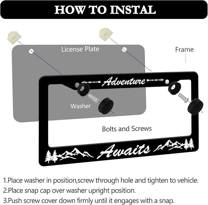 Adventure Awaits License Plate Frame - 2 PCS Mountains Tree Aluminum Metal License Plate Frames Holder, Rust-Proof Waterproof Car Decorative Tag Frames with Screws Fasteners Caps