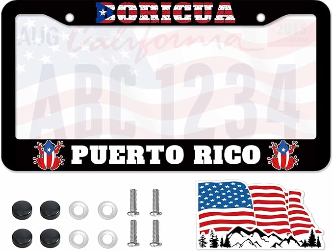 1PCS Boricua Puerto Rico Frog License Plate Frame Holder - 2 Holes Black Auto Universal Aluminum Matte Car Tag Holder Covers with Sticker & Screws for Men