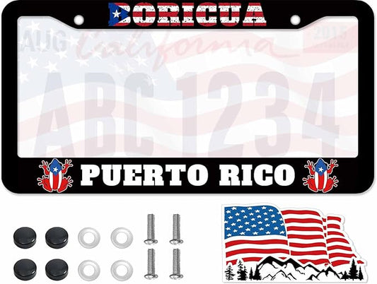 1PCS Boricua Puerto Rico Frog License Plate Frame Holder - 2 Holes Black Auto Universal Aluminum Matte Car Tag Holder Covers with Sticker & Screws for Men