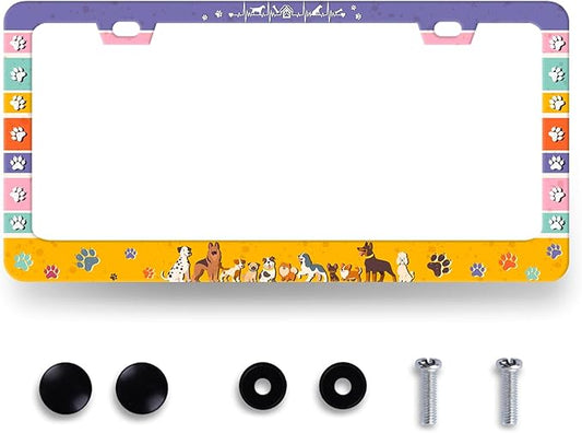 Colorful Dog Paws License Plate Frame Animals Dogs License Plate Stainless Steel Funny Accessory Cars Decor for Men Women 12.2 X 6.2 Inch with 2 Holes and Screws Fits Standard Us Ca Vehicles