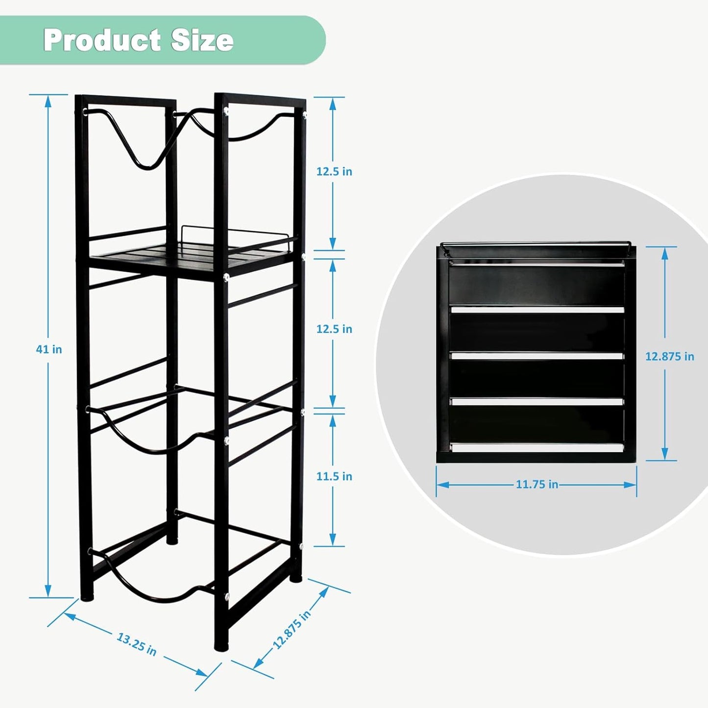 5 Gallon Water Jug Holder with 3-Tier Storage Shelves - Heavy Duty Stand with Fast Flow Spout - Fits 55mm Water Bottle - For Kitchen, Living Room, Office - Black