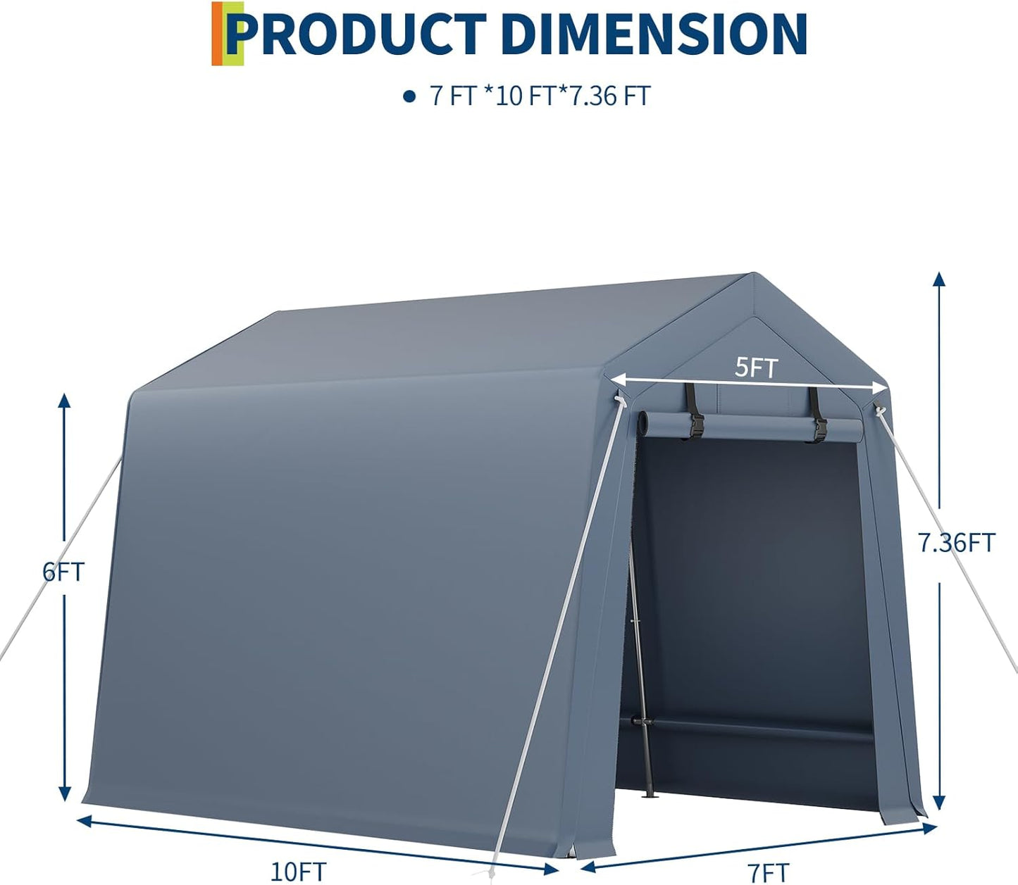 7*10F Outdoor Storage Shed with Floor, Heavy Duty Waterproof PE Tarp, Portable Metal Carport Garage Tent, 2 Roll-Up Doors & Vents, for Motorcycle and Bike Storage, Garden Tool Shed, Small Outdoor Shed