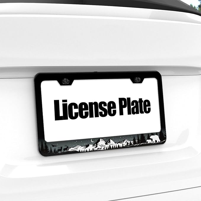 Bear Moose License Plate Frame - Forest Wildlife Car Tag Frames Wild Animal Auto Plates Tags Mountains Night Trees Printed 2 Holes with Screws for Women Men