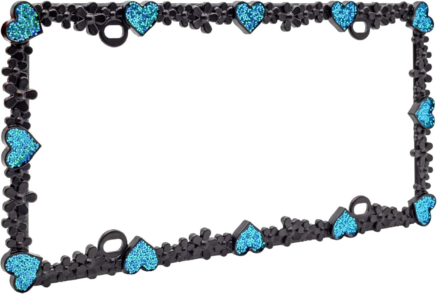 Creathome 3D Shining Daisy Heart License Plate Frame from Pure Zinc Alloy Metal Perfect Plate Holder, Matt Black with Blue Glitter, Luminously Heart