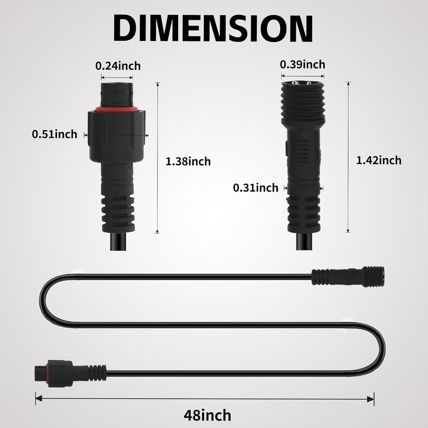 4 PCS 4FT 3 Pin RGB Rock Light Extension Wire, Design for Our Brand's Rock Lights, Other Brands Must Meet The Conditions of which Length of The Male Plug is 0.24 Inches and The Female is 0.39 Inches