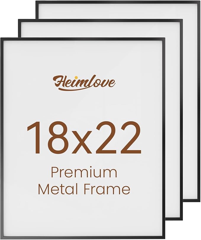 Heimlove 18x22 Metal Picture Frame,Black Aluminum Wall Gallery Poster Puzzles Artwork frames-Real Tempered Glass,Mounting Horizontally or Vertically Decor for Wall-3 Pack