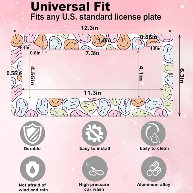 2pcs Funky Smiley face License Plate Frame for Women,Inspirational Happy face car Decorative tag Frames Girly,Vintage Smiley face License Plate Cover Holder for Vehicle with car Keychain tag