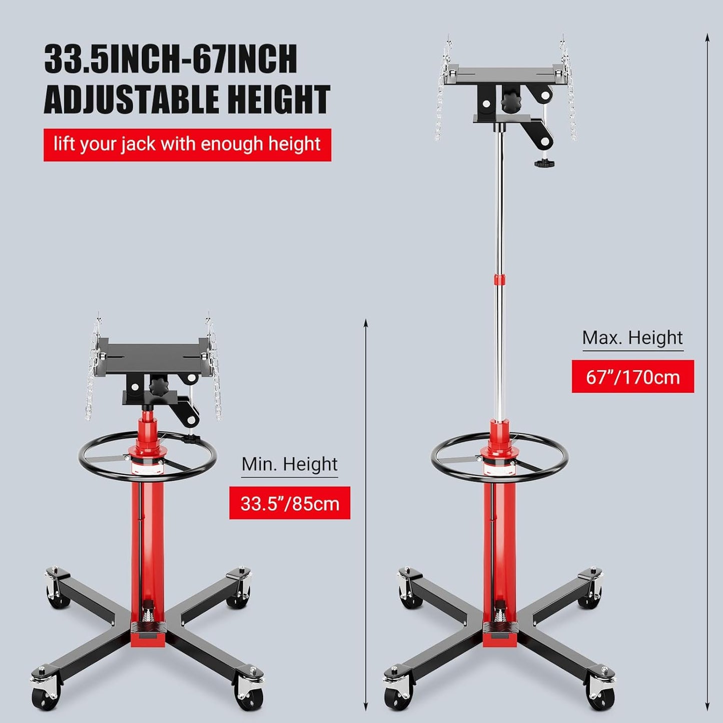 Garvee 1322lbs Transmission Jack, Hydraulic Telescoping Transmission Jacks, 34.3"-68.5" High Lift, 2-Stage Transmission Floor Jack Stand 3/5 Ton Capacity with Foot Pedal, 360° Swivel Wheel