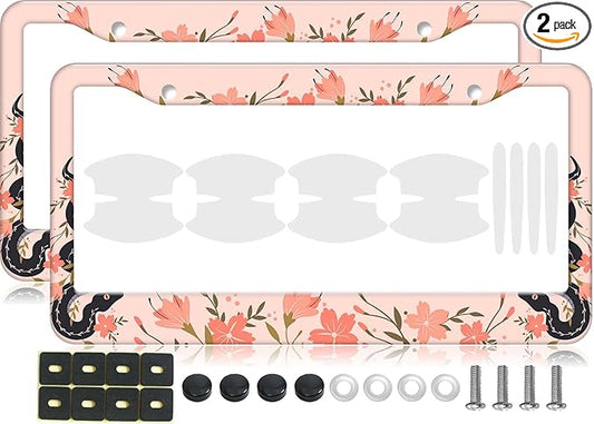 2PCS Pink & Black Snake Pattern License Plate Frames for Men Women - Universal Aluminum Stainless Steel Personalized Car Tag Covers Holder with Screws, Caps, Rattle Proof Pads and Handlebar Stickers
