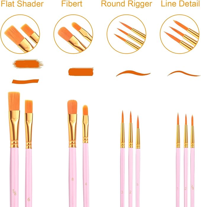 Acrylic Paint Brush Set, (20 Packs /200 pcs) Nylon Hair Brushes for Oil and Watercolor, Perfect Suit of Art Painting, Best Present for Painting, Pink