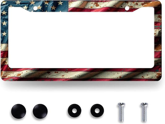 American Flag License Plate Frame Patriotic License Plate Stainless Steel Funny USA Flag Accessories Cars Decor for Men Women 12.2 X 6.2 Inch with 2 Holes and Screws Fits Standard Us Ca Vehicles