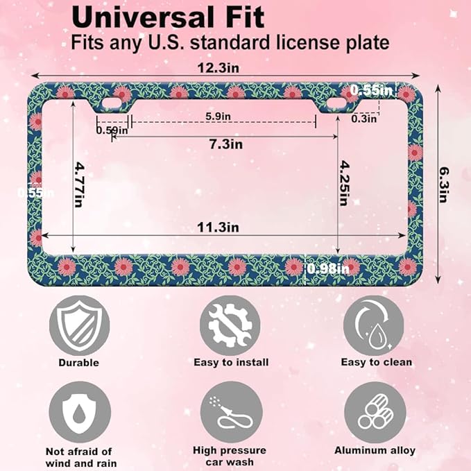 2pcs Pink Daisy Floral Blue License Plate Frame for Women, Daisies Flowers car Decorative tag Frames Girly,Green Leaves License Plate Cover Holder for Vehicle with Double Sided car Keychain tag
