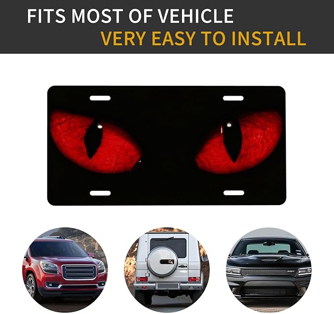 Cat Red Eyes Front License Plate for Women Car Vanity Plates Decorative Aluminum Metal Cute Novelty License Plate Cover for Men 6x12 Inch (4 Holes)
