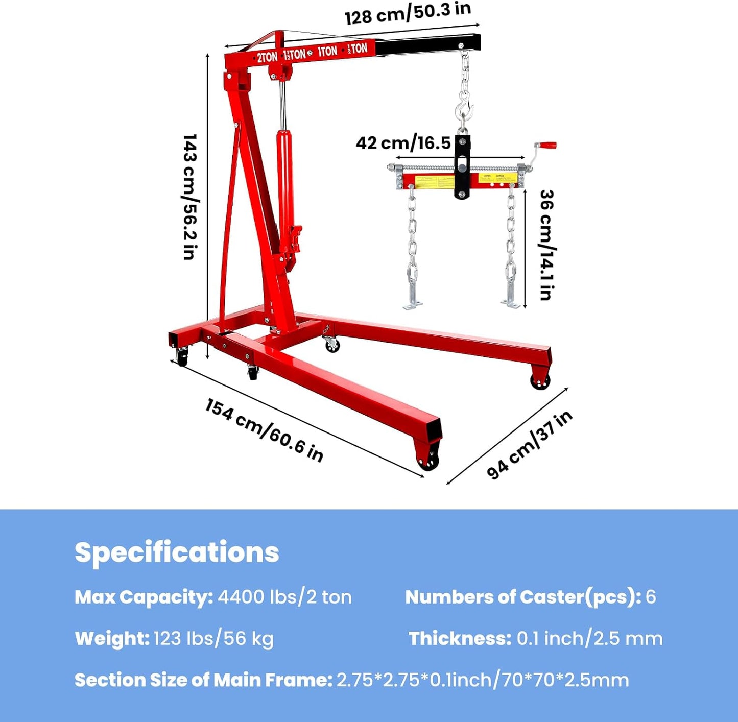 Engine Hoist 2 Ton Folding Cherry Picker Engine Hoist, Heavy Duty Alloy Steel Hydraulic Engine Stand with 8 Ton Hydraulic Pump, Engine Lift for Workshops, Warehouses, Red (Engine Hoist)