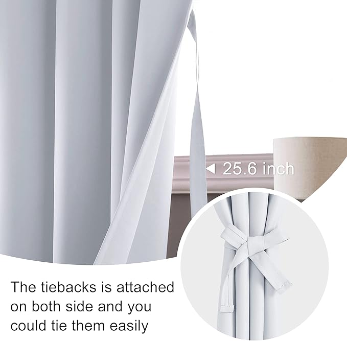 JIUZHEN Room Darkening Curtains - Thermal Insulated Window Curtains, Rod Pocket Curtains for Bedroom Living Room Office, Blackout Curtain 2 Panels with Tiebacks, 60 x 96 Inch, Greyish White