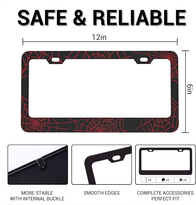 Red Spider Web License Plate Frame, Funny Cobweb Aluminum License Plate Holder, Halloween Black Car Tags with Screws 6 X 12 in