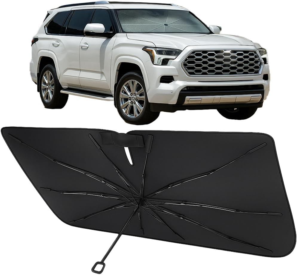 Proadsy Windshield Sun Shade Umbrella for Toyota Sequoia 2023-2025 2026 Foldable Car Umbrella Sunshade with Soft TPU Handle Spring Structure Crystal Cooling Material Protect Car from Rays & Heat
