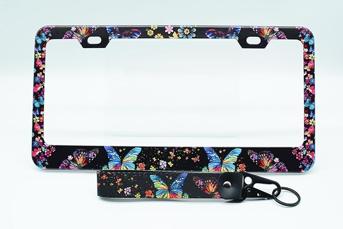 1-Pack Colorful Butterfly Floral License Plate Frames for Women Man, 2 Holes Butterflies Floral Aluminum License Plate Holder, Flower License Plate Cover fits Vehicles with Keychain Wrist Lanyard