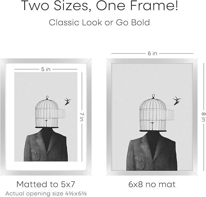 Homeforia Silver Photo Frame 6x8, High End Metal 6 x 8 Silver Picture Frames with Mat 5 x 7, 6by8 Desk Frame Matted to 5x7 inch Art, 6 by 8 Wall or Tabletop Frames, Tempered Glass, Wall Kit, Set of 2