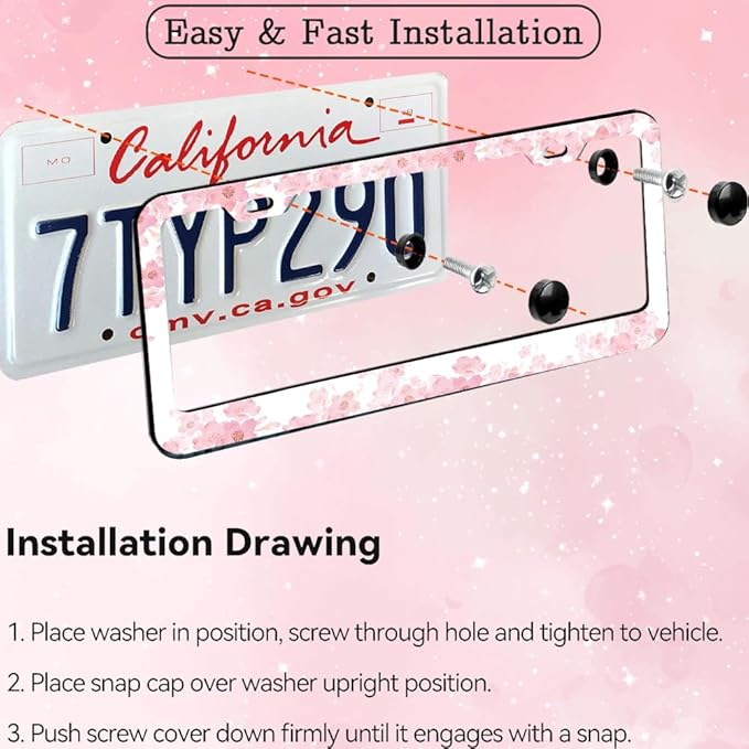2pcs Pink Cherry Blossom Floral License Plate Frame for Women,Pink Sakura car Decorative tag Frames Girly,Japanese Cherry Blossom License Plate Cover Holder for Vehicle with car Keychain tag