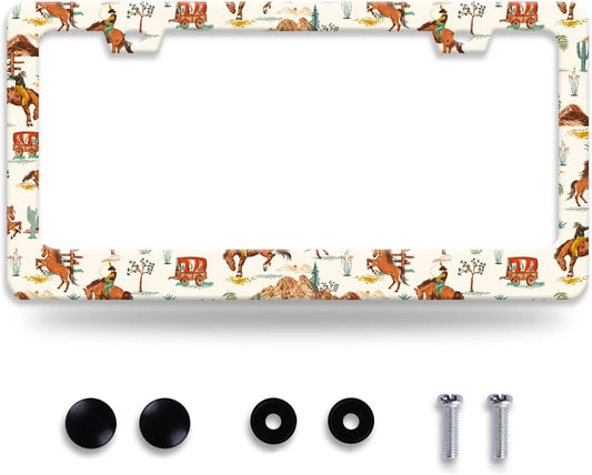 Western Cowboy License Plate Frame Horse Racing License Plate Holder Funny Personalise Car Stainless Stee Decorative Parts for Standard Us Canada Vehicles 12x6 Inch for Women Men