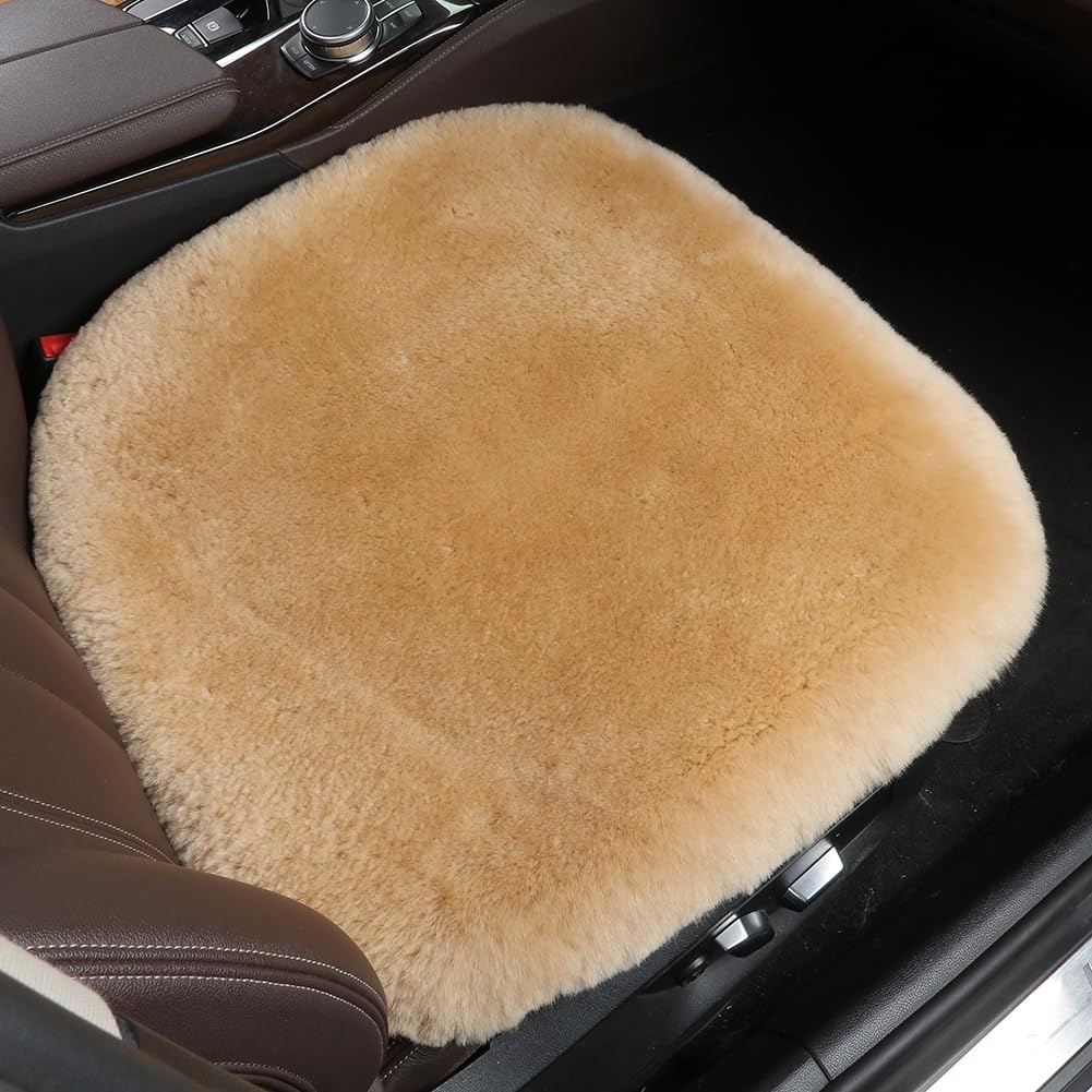 Fluffy Genuine Australia Sheepskin Car Seat Cover for Auto Interior Accessories with Soft Fuzzy Wool Eco-Friendly Natural Fur Non-Slip (Honey Beige, Front 20 * 20inchs)