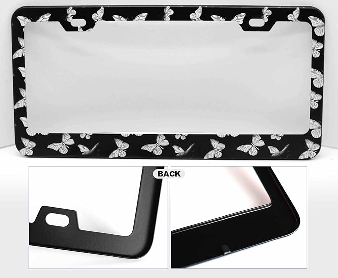 1pcs Monochrome Butterfly Mountain License Plate Frame for Women, Black White Butterflies Car Tag Frames Girly for Vehicle with Non Adhesive Electrostatic Sticker