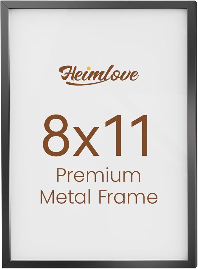 Heimlove 8x11 Metal Picture Frame,Black Aluminum Photo Frames-Real Tempered Glass,Tabletop Display,Mounting Horizontally or Vertically Decor for Wall-1Pack