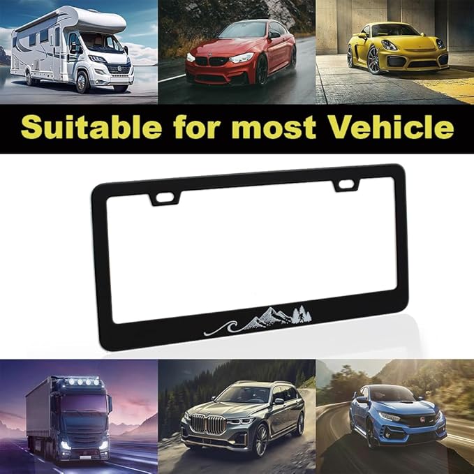2pcs Ocean Wave Mountains License Plate Frame for Women, Funny Ocean Waves car Decorative tag Frames Girly,Forest License Plate Cover Holder for Vehicle with Double Sided car Keychain tag