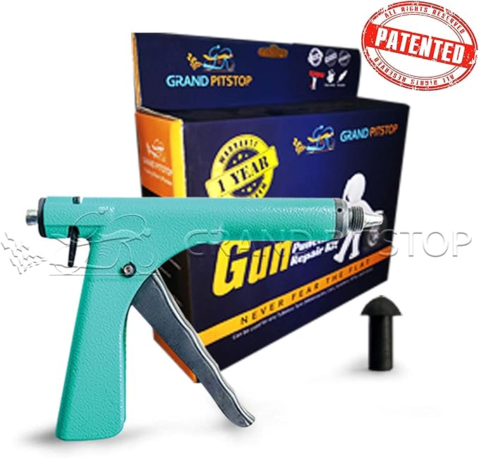 GRAND PITSTOP Tubeless Tire Gun Puncture Repair Kit with Mushroom Plug for Tyre Punctures and Flats on Cars, Motorcycles, ATV, Trucks & Tractors (Gun Puncture kit 15 Plugs, Green)