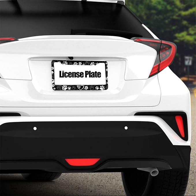 Paw Print License Plate Frame - 1 Pack Personalized Black White Dog Paw License Plate Holder Aluminum Metal Car Tag Cover with 2 Holes Decorative for US Vehicle Standard for Women Men
