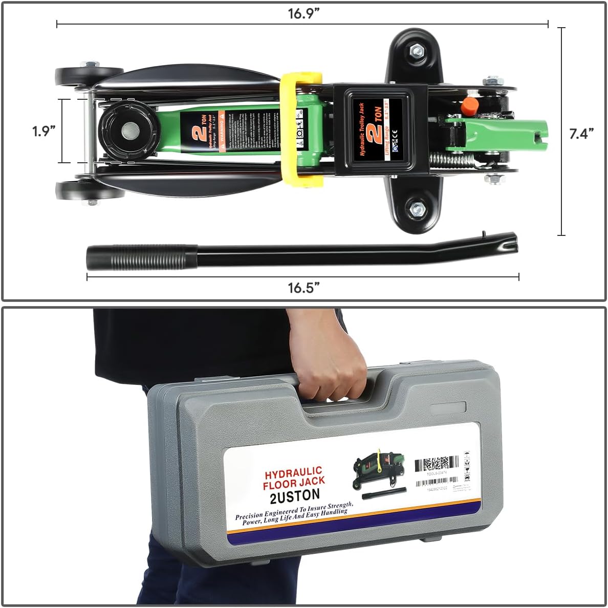 DNA MOTORING Low Profile Hydraulic Trolley Service/Floor Jack, 2 Ton (4000 lbs) Capacity, Lifting Range 5.1"-13", Green, TOOLS-00474-GR
