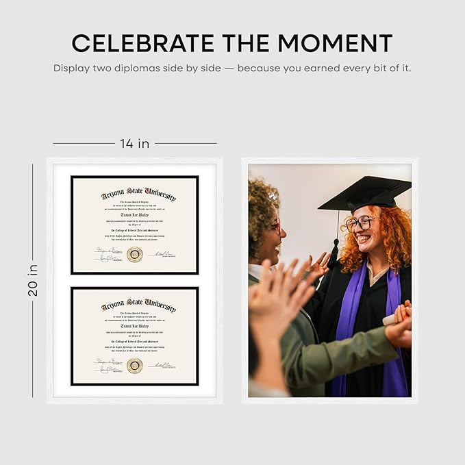 Homeforia 14x20 Double Diploma White Frame, High End Oak 14 x 20 Certificate Wood Frames with Mat for Two 8.5x11 Diplomas, 20x14 Wooden Dual Award Graduation Frames, Tempered Glass, Wall Kit, Set of 1