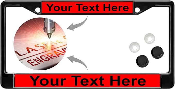 Custom Personalized Black Powder-Coated Metal Laser Engraved Standard Size - Car/Automobile License Plate Frame with Free caps - Red/Black Text (Qty: 1 Frame)