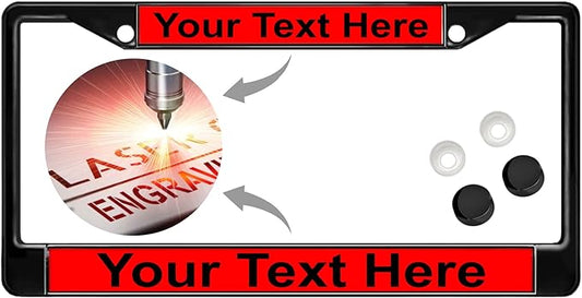 Custom Personalized Black Powder-Coated Metal Laser Engraved Standard Size - Car/Automobile License Plate Frame with Free caps - Red/Black Text (Qty: 1 Frame)
