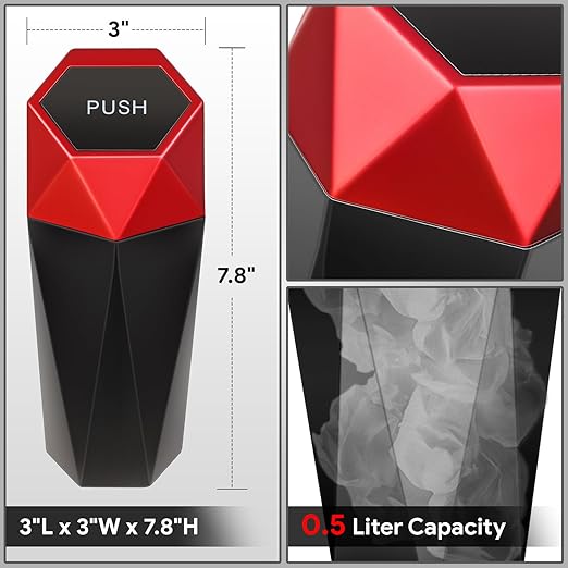 DNA MOTORING 2PCS Mini Car Auto Trash Can with Removable Lid, Leakproof Mini Garbage Bin for Automotive Home Office,Black/Red,Set of 2,ZTL-OD-01-RD