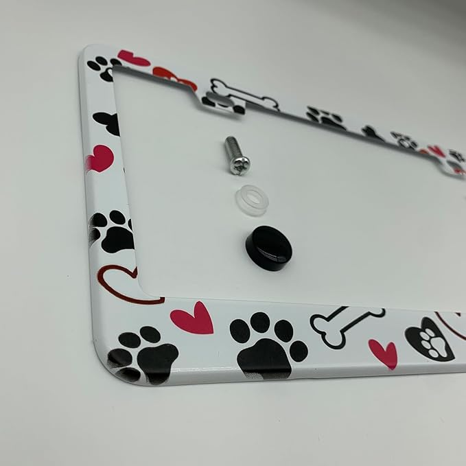 Black Dog Paw Prints Bones and Red Hearts License Plate Frame Cover, Matte White Powder Coated Stainless Steel, Animal Print Auto Car Tag Frame with 2 Holes & Free Screws