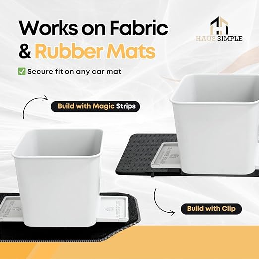Car Trash Can 2L with Stability Wings & Velcro for Extra Stability ??Magic Strip & Clip for Fabric & Rubber Mats ??Durable Plastic, Easy Pull Trash Bags Included ??White