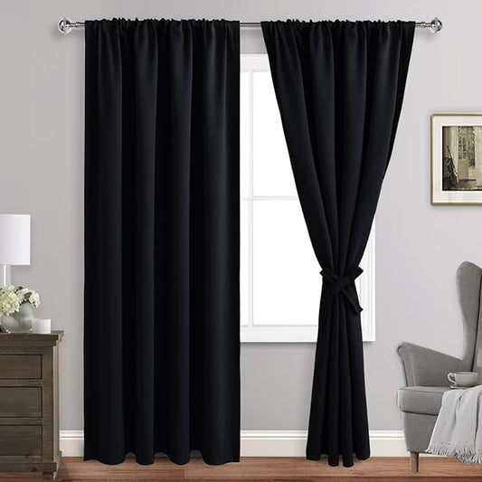 JIUZHEN Blackout Curtains for Bedroom - Thermal Insulated,Noise Reducing Room Darkening Privacy Rod Pocket Drapes for Living Room, Set of 2 Panels with Tiebacks, 52 x 84 inches Long, Black