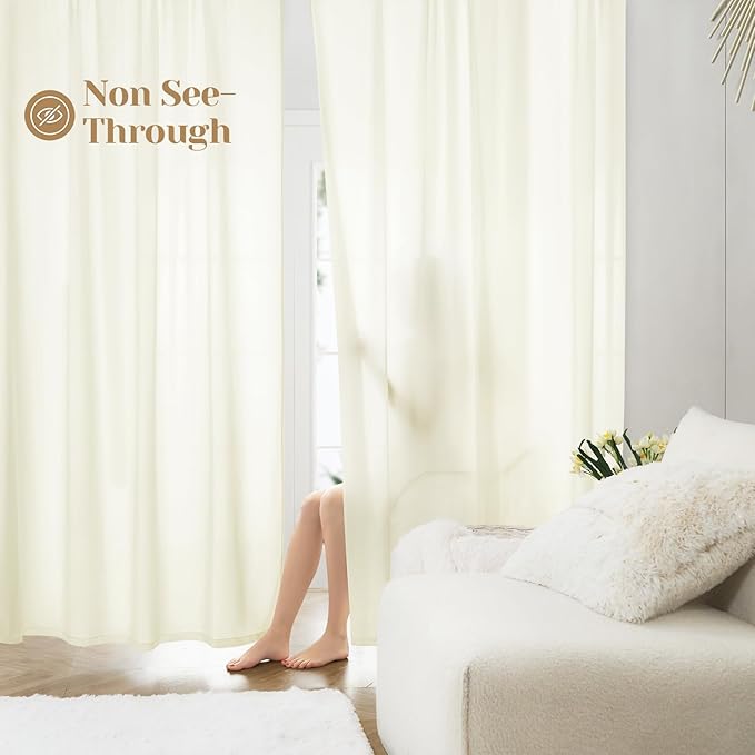 HOMEIDEAS Non-See-Through Cream Yellow Privacy Sheer Curtains, 52 X 84 Inches Long 2 Panels Light Yellow Sheer Curtains Light Filtering Window Drapes for Bedroom Living Room
