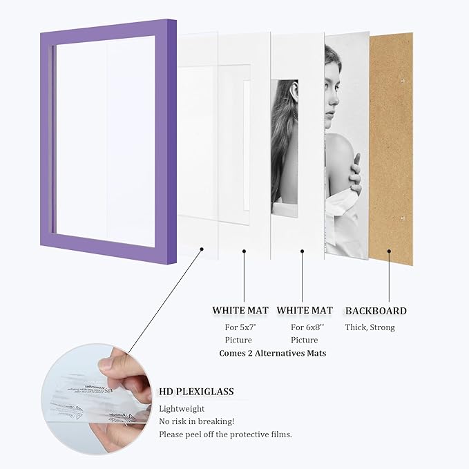 Egofine 12x16 Picture Frames 4PCS Covered by Plexiglass, Made of Solid Wood, Display Pictures 9x12/11x14 with Mat or 12x16 Without Mat for Wall Mounting, Purple