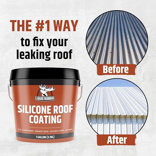 Liquid Rubber Silicone Roof Coating - UV-Reflective, No Primer Needed, One-Coat Sealant for Flat, Sloped, Metal, Wood, Concrete, EPDM, and TPO Roofs, White, 4 Gallons