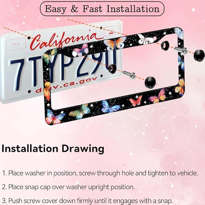 1pcs Colorful Butterfly License Plate Frame for Women,Inspirational Butterfly car Decorative tag Frames Girly,Colorful Butterflies License Plate Cover Holder for Vehicle with car Keychain tag