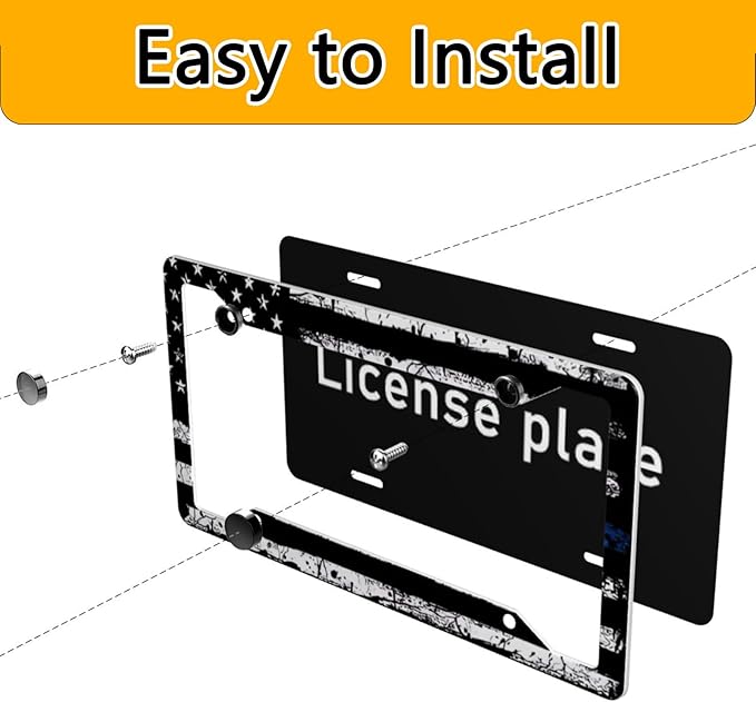 License Plate Frame 2 Pack Front Rear Aluminum Metal Rust-Proof Universal Car Tag Frames Holder with 4 Holes Car Decor Accessory with Screws for Men Women - Vintage Blue Line American Flag