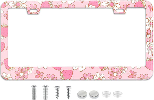 Pink Strawberry Butterfly Floral License Plate Frame Stainless Steel License Plate Frames Holder Covers Rust-Proof Auto Parts Decoration with Screws License Plate Holder for Car Accessories 12x6 Inch