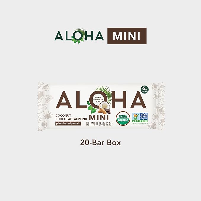 ALOHA Organic Plant Based Protein Bar MINIS |Coconut Chocolate Almond | 20 Count, 24g Bars | Vegan, Low Sugar, Gluten Free, Paleo, Low Carb, Non-GMO, Stevia Free, Soy Free, No Sugar Alcohols